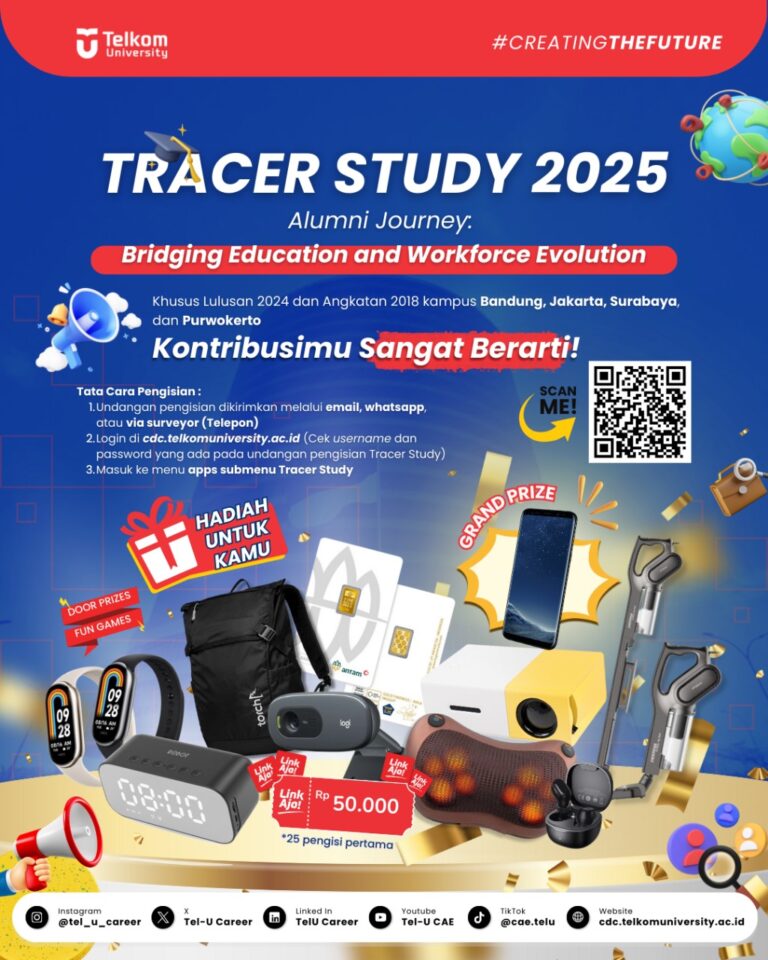 Alumni Telkom University dari Bandung Jakarta Surabaya dan Purwokerto Saatnya berkontribusi untuk almamater dengan mengisi Tracer Study 2025