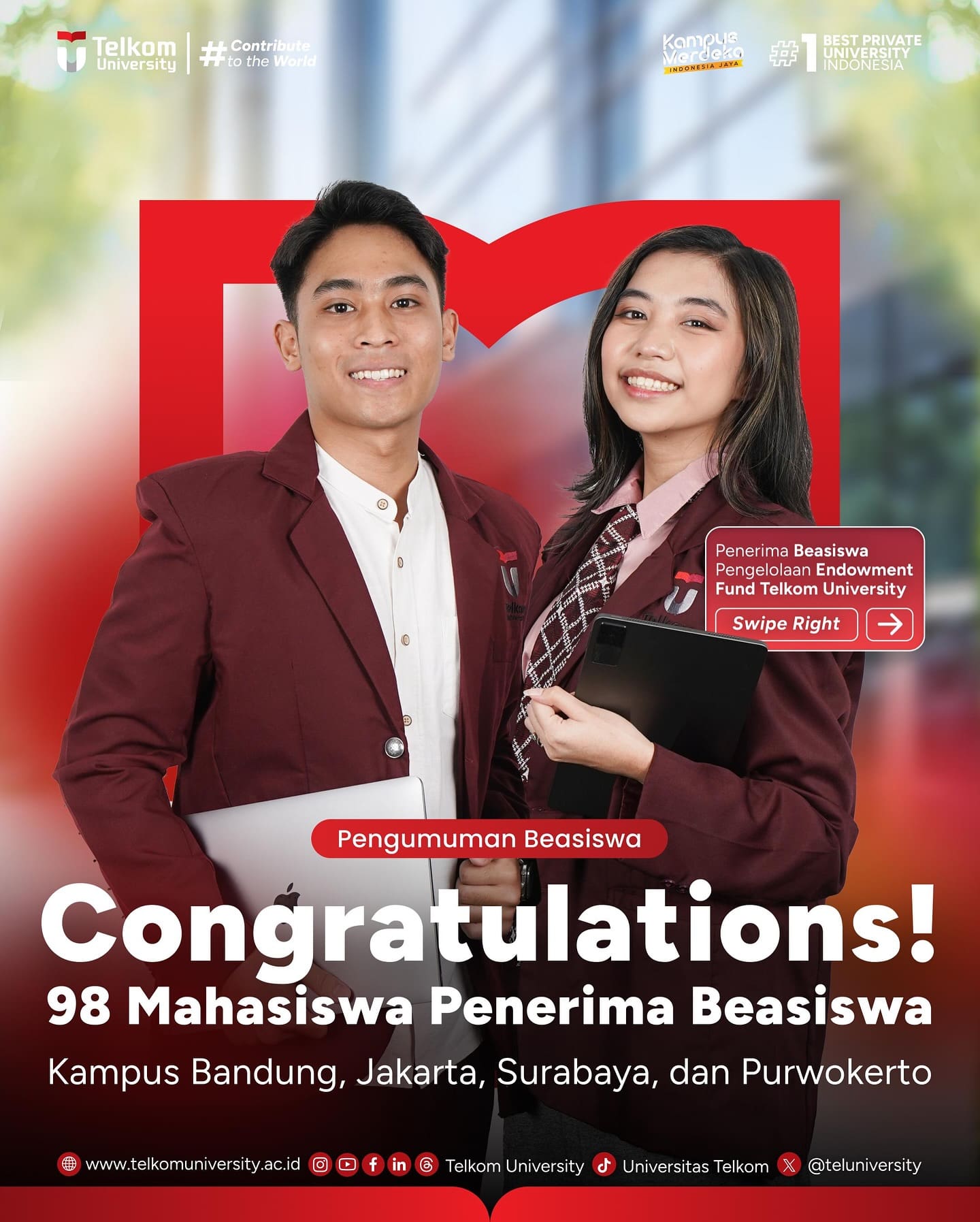 HEI TelUtizen! Selamat kepada para penerima Beasiswa Manfaat Hasil Pengembangan
